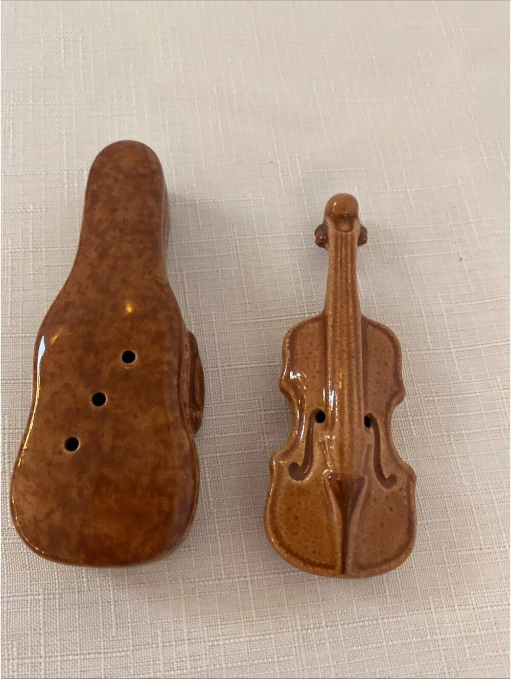Ceramic Violin Shaped Salt & Pepper Shakers Set Brown Music Theme Novelty